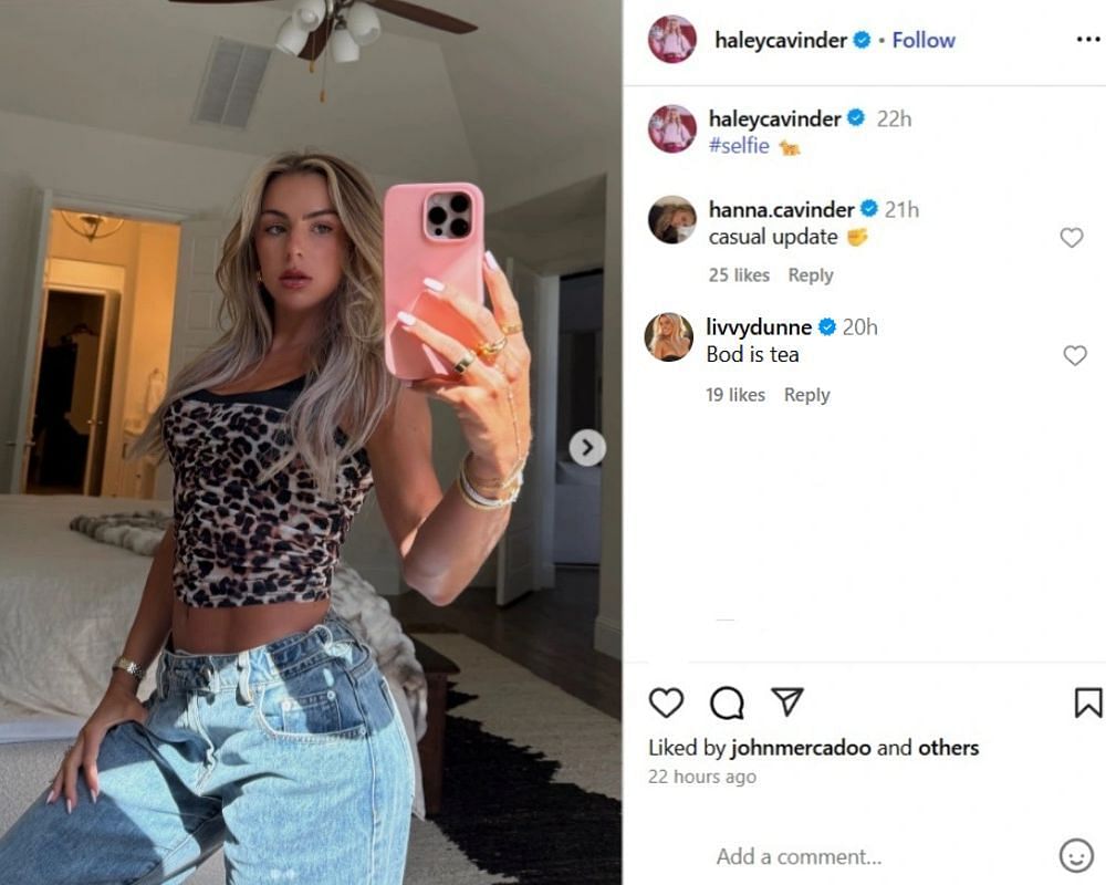 Olivia Dunne drops 3-word message on Jake Ferguson&rsquo;s fianc&eacute;e Haley Cavinder&#039;s post-breast surgery photo [IG/@haleycavinder]