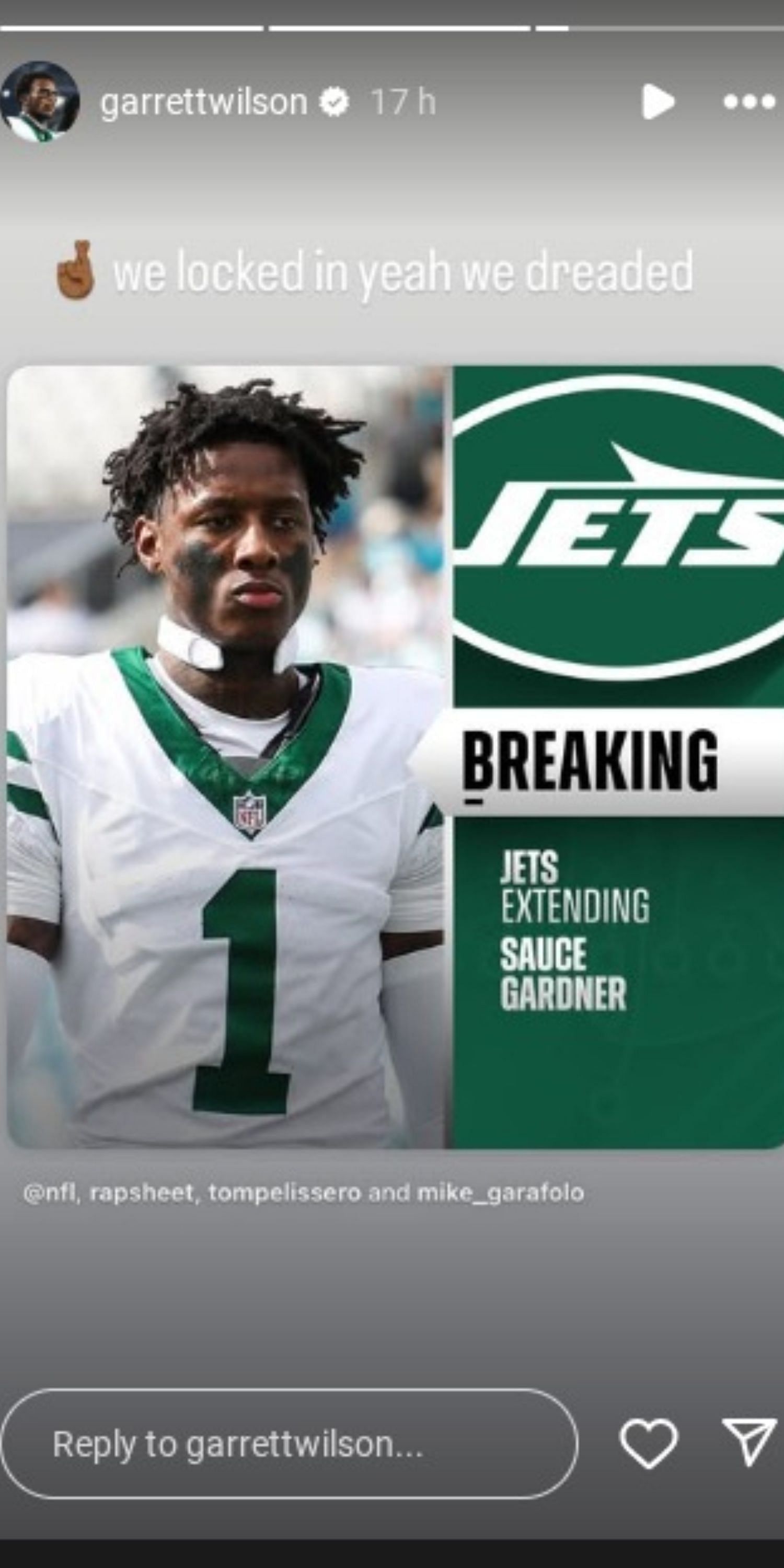 Garrett Wilson reacts to Sauce Gardner&#039;s extension