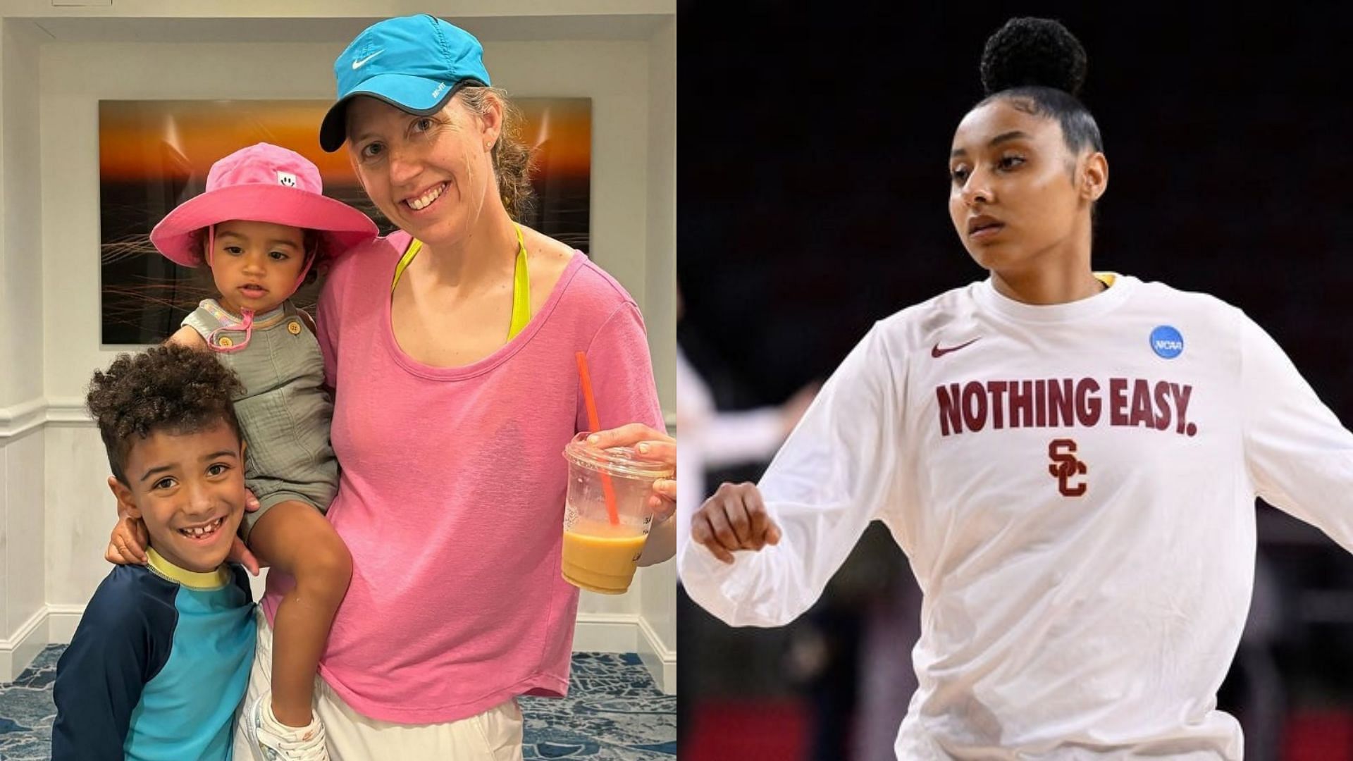 USC coach Lindsay Gottlieb with her children; USC star JuJu Watkins. Source: Instagram/@coachlindsayg, Imagn