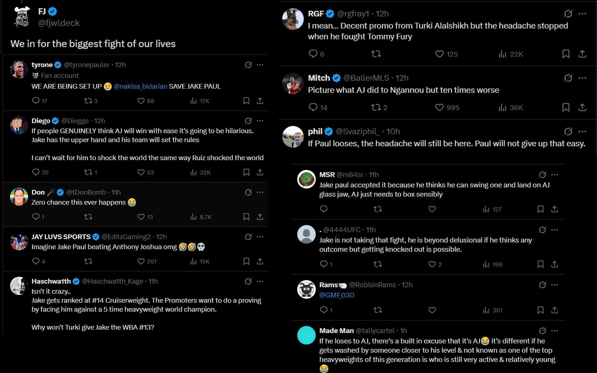 Fans react to Turki Alalshikh&#039;s plans for Anthony Joshua vs. Jake Paul clash. [Screenshots courtesy: @HappyPunch on X]