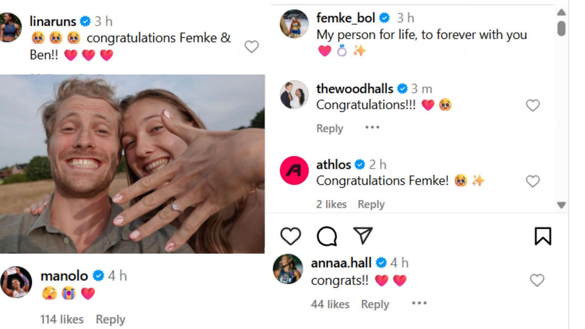 Screenshot of comments (IG/femke_bol and benbroeders).