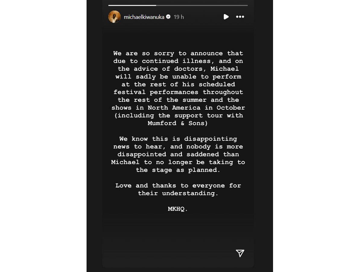 Kiwanuka&#039;s IG Story announcing cancellation of shows(Image via Instagram/ @michaelkiwanuka)