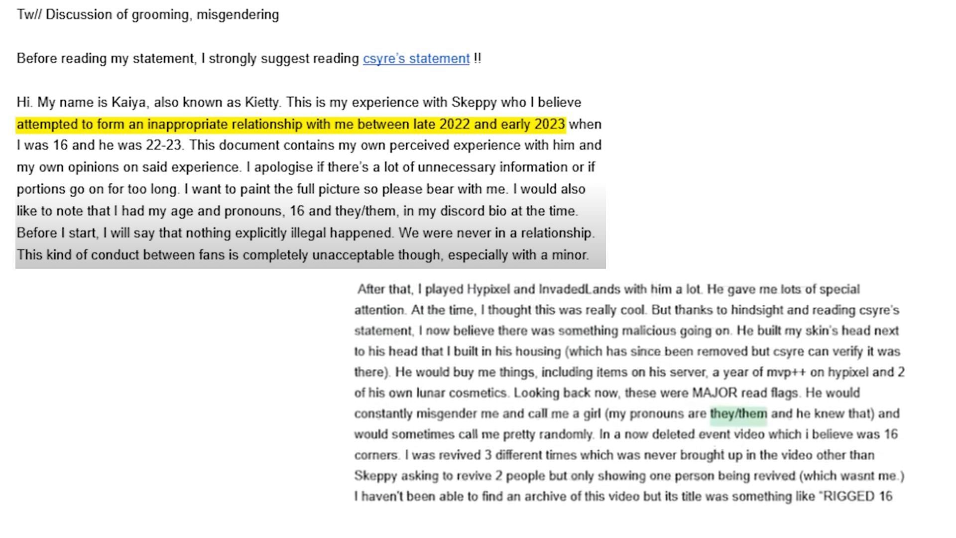 Snips from Kaiya&#039;s now-deleted Google Doc, which pointed out the YouTuber&#039;s &quot;major red flags&quot; (Images via Gal/YouTube)