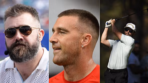 Travis Kelce shotguns beer with Jason Kelce and Baker Mayfield at 2025 ACC Golf Tournament following rough game