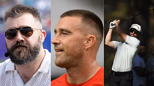 Travis Kelce shotguns beer with Jason Kelce and Baker Mayfield at 2025 ACC Golf Tournament following rough game