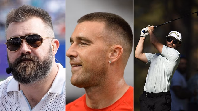 Travis Kelce shotguns beer with Jason Kelce and Baker Mayfield at 2025 ACC Golf Tournament following rough game
