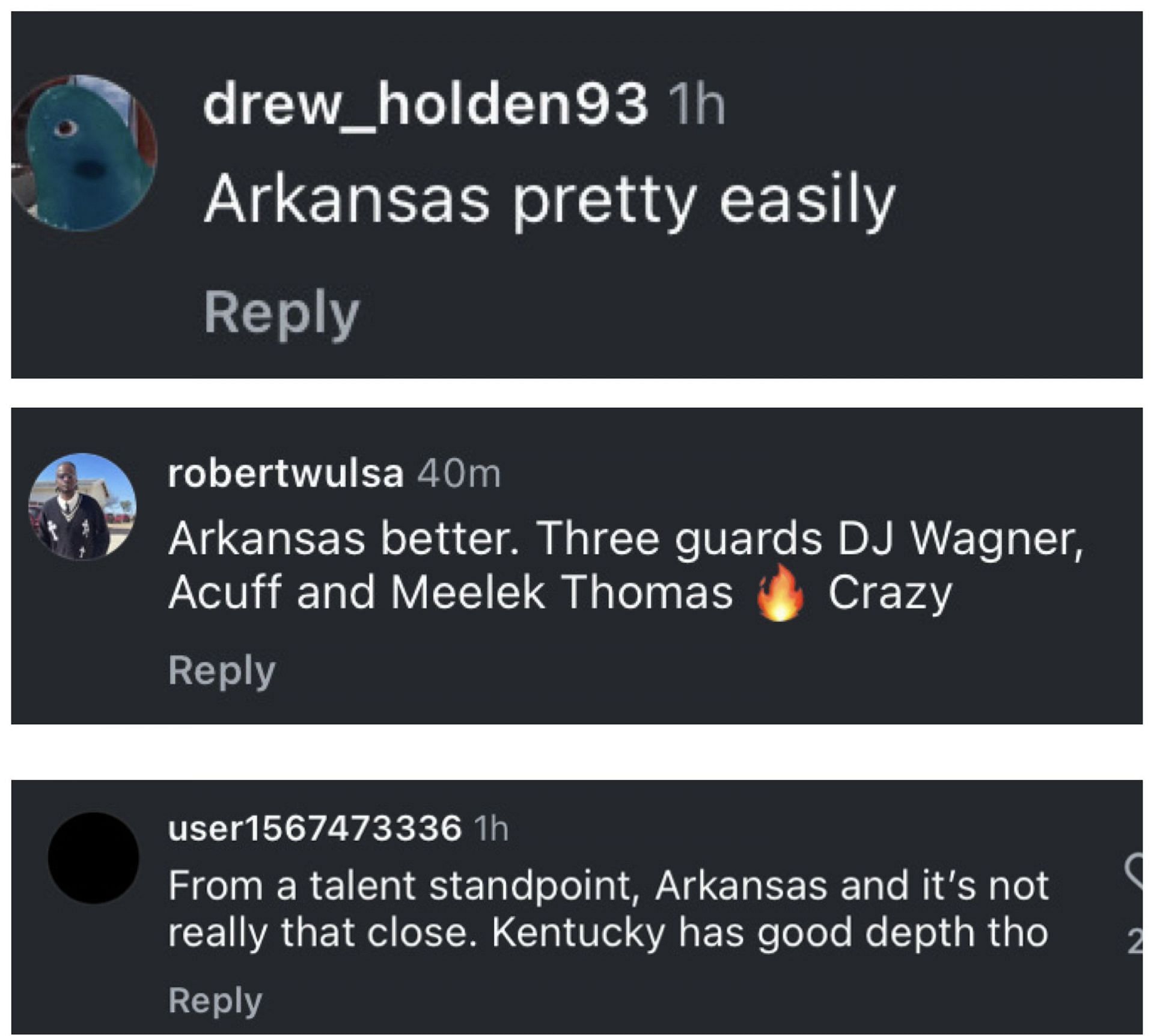 Comments from fans who support John Calipari&#039;s Arkansas on IG. Image via @fieldof68