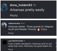 Comments from fans who support John Calipari's Arkansas on IG. Image via @fieldof68