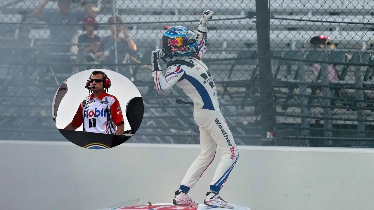 NASCAR Xfinity Series driver Connor Zilisch (88) celebrates Saturday, July 26, 2025, following his win in the Pennzoil 250 at Indianapolis Motor Speedway. Syndication: The Columbus Dispatch - Source: Imagn; (Inset) May 26, 2018; Concord, NC, USA; NASCAR Cup Series crew chief Rodney Childers (4) during practice for Coca-Cola 600 at Charlotte Motor Speedway. Mandatory Credit: Jasen Vinlove-Imagn Images