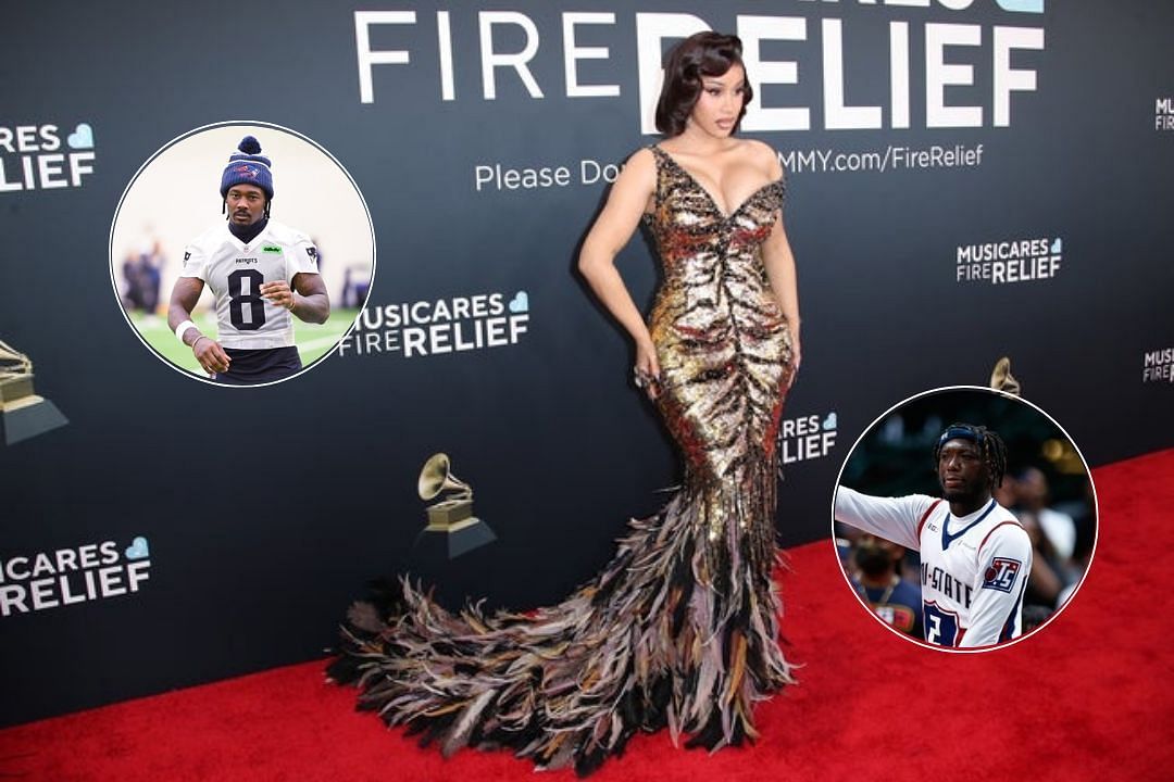 Cardi B posing for pictures at the red carpet during the 2025 Grammy Awards, Stefon Diggs of the Patriots warms up during training, Nate Robinson look on during the Big 3 league