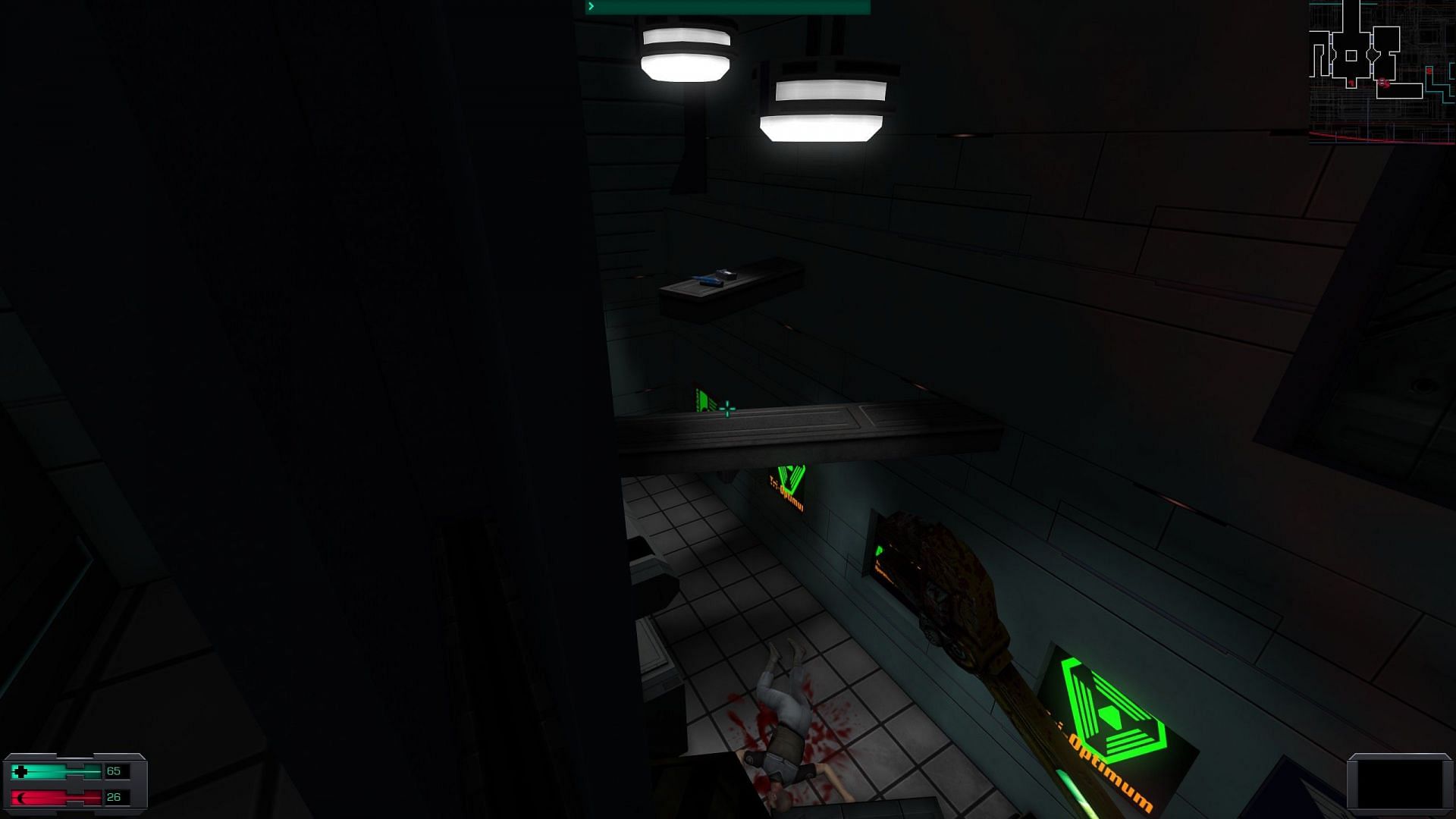 Items will often be hidden away in hard-to-reach places like this; use Psionic telekinesis to grab them or get to the location via an overhead vent (Image via Nightdive Studios)