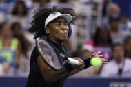 Venus Williams hits a forehand during her women's singles first-round clash against Peyton Stearns at the 2025 Mubadala Citi DC Open (Source: Getty)