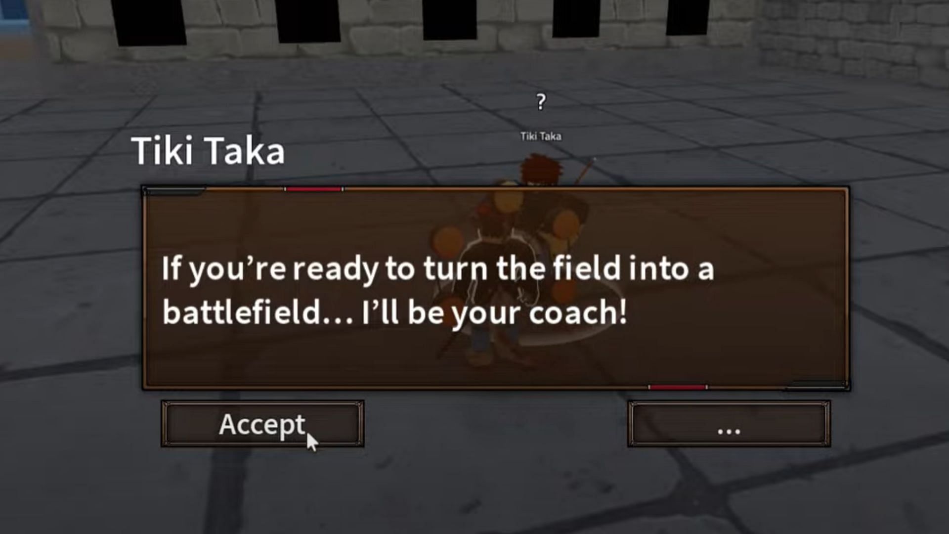 Accept Tiki Taka&#039;s quest (Image via Roblox)
