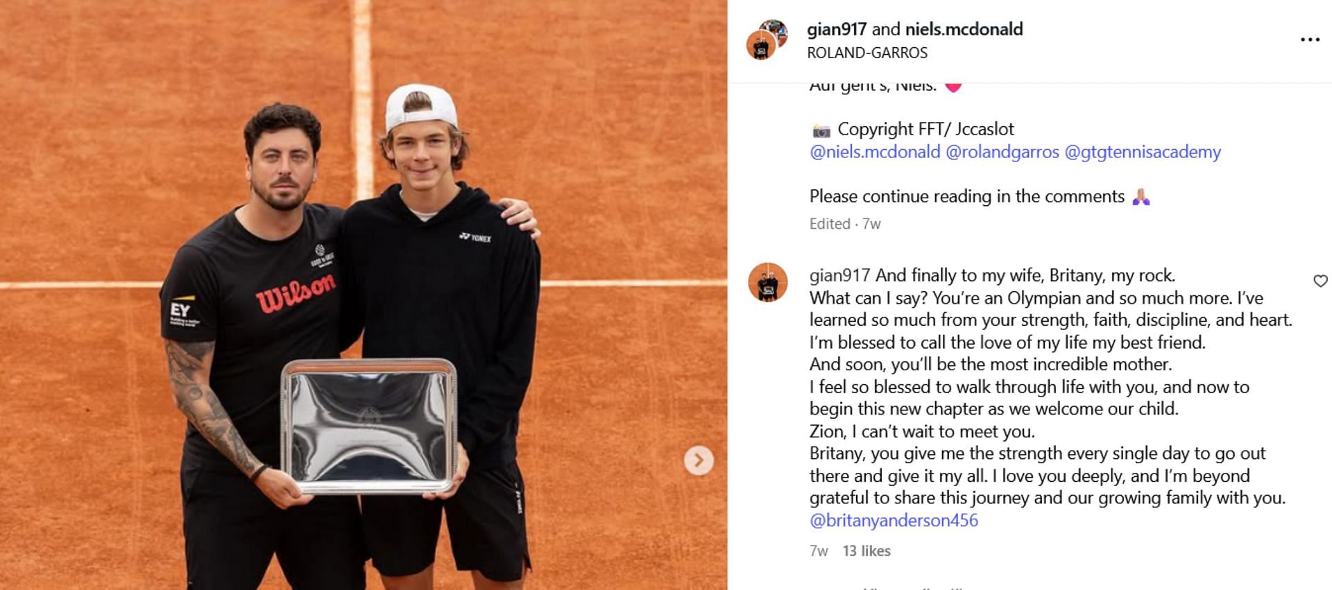 Screenshot of Niels McDonald&rsquo;s heartfelt note. Credits - Instagram/ britanyanderson456
