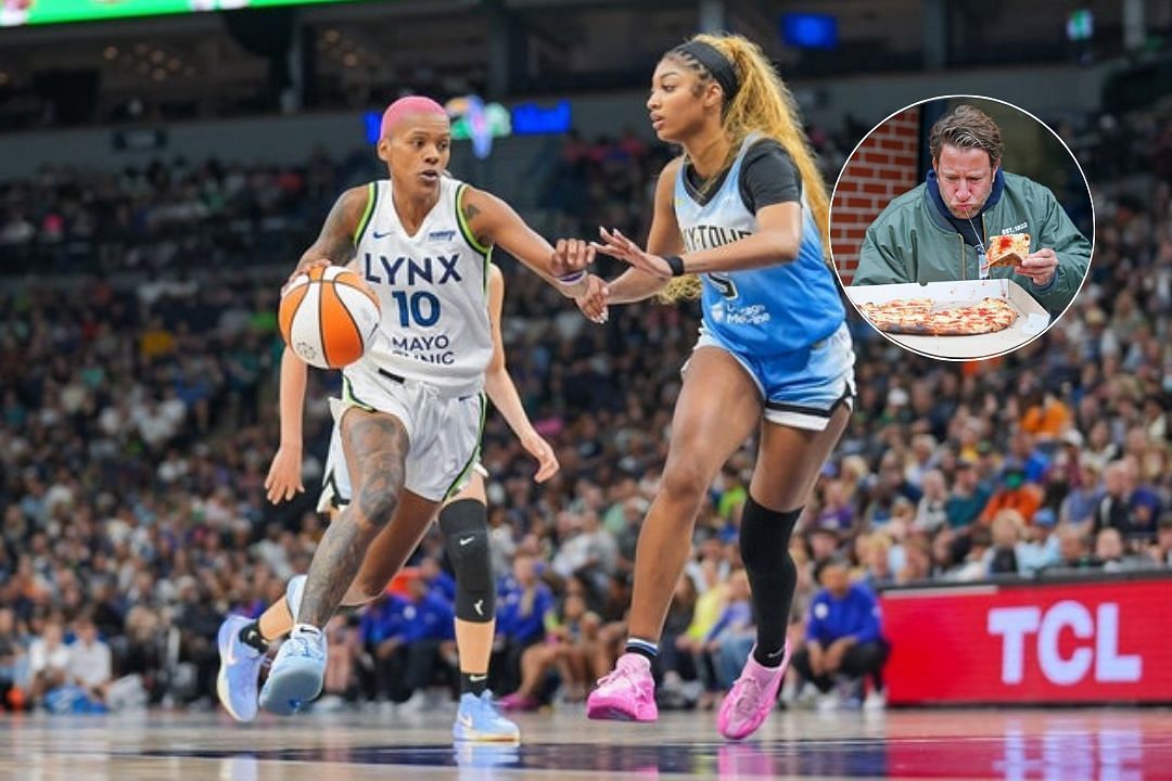 Minnesota Lynx star Courtney Williams tries to dribble past Chicago Sky forward Angel Reese, Dave Portnoy takes a bite of a pizza while shooting a review video 