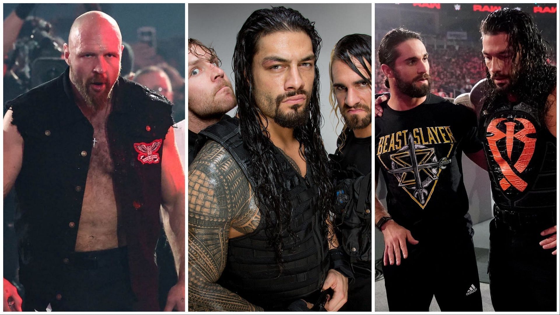 Jon Moxley, Roman Reigns and Seth Rollins. (Photos AllEliteWrestling.com and WWE.com)
