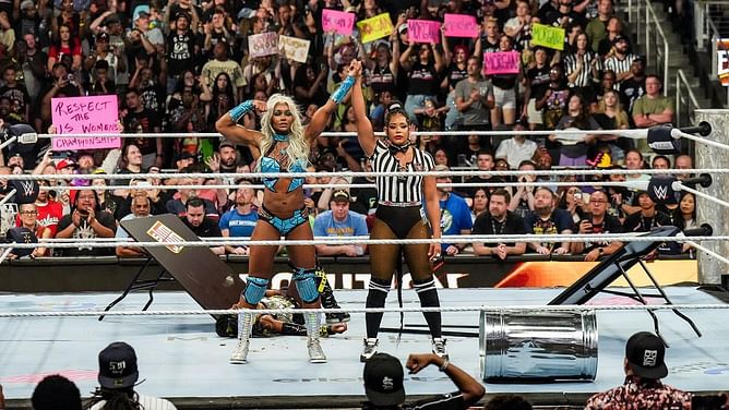 Jade Cargill ignores Bianca Belair after defeating Naomi in a brutal No Holds Barred Match at WWE Evolution 2025