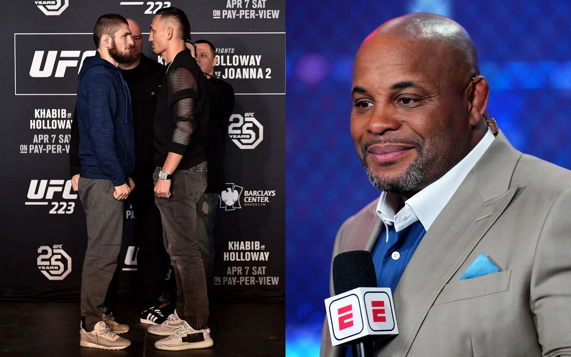 When Max Holloway (center) and Khabib Nurmagomedov (left) made fun of Daniel Cormier (right). [Images courtesy: Getty]