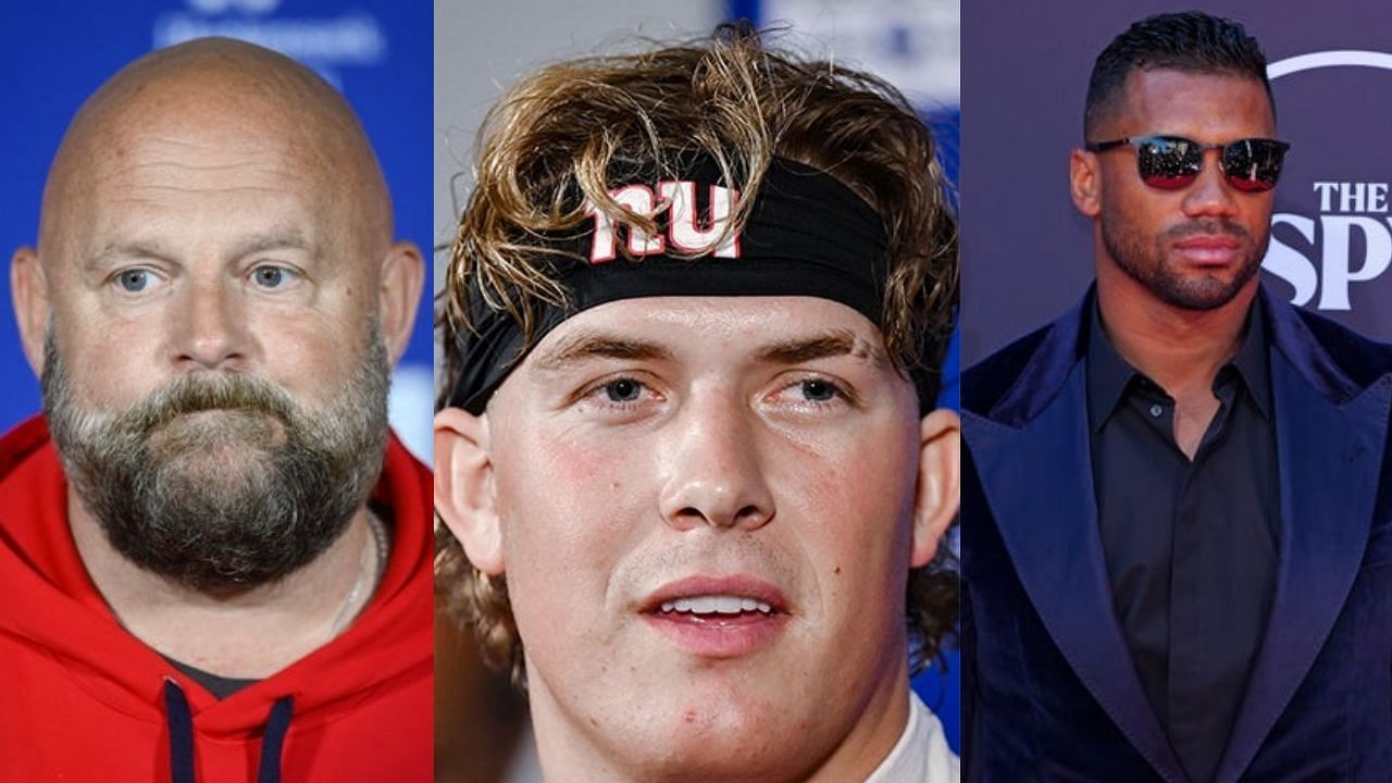 Brian Daboll (left), Jaxson Dart (center), Russell Wilson (right) [Image source: Imagn]