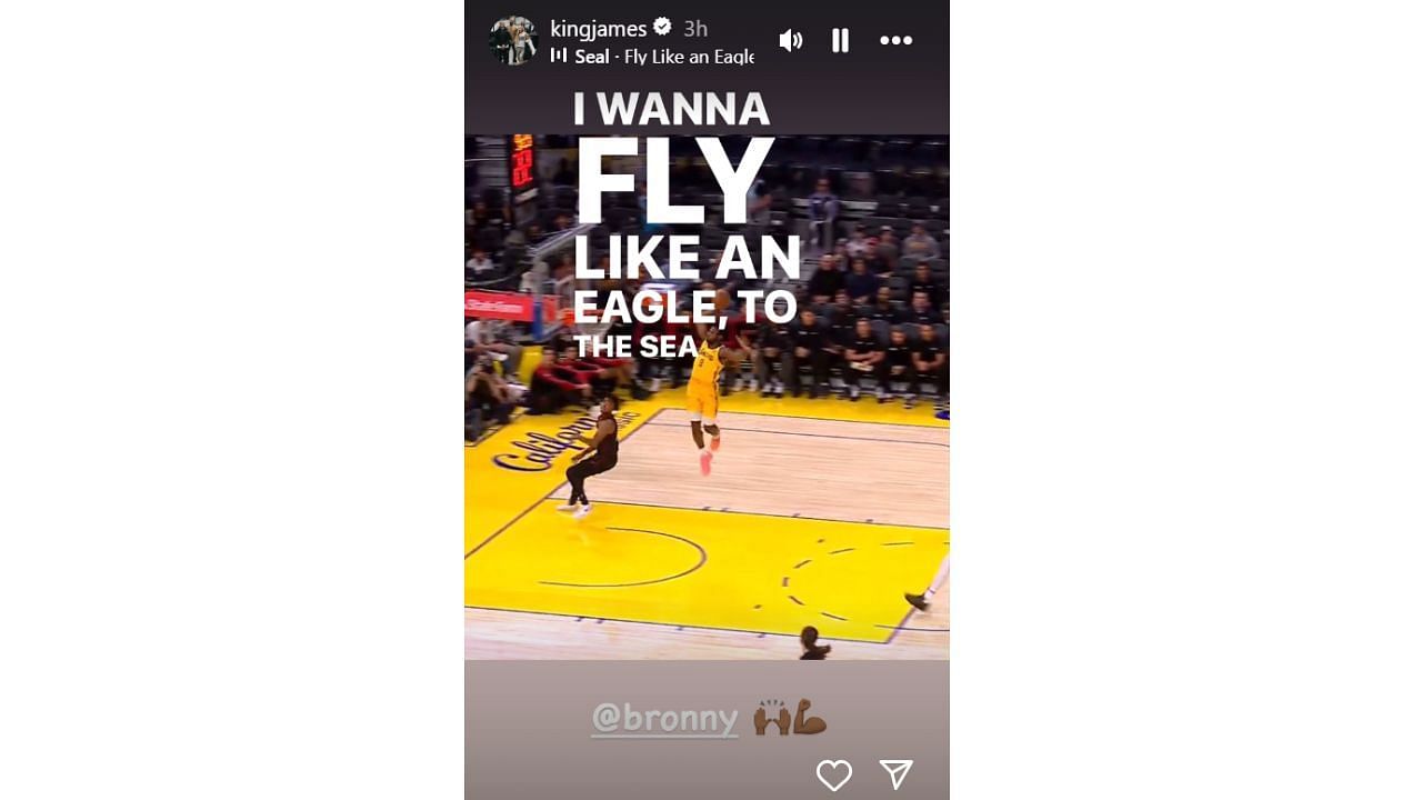 LeBron James reacts to Bronny James&#039; highlight dunk against the Miami Heat on Sunday. [photo: @kingjames/IG]