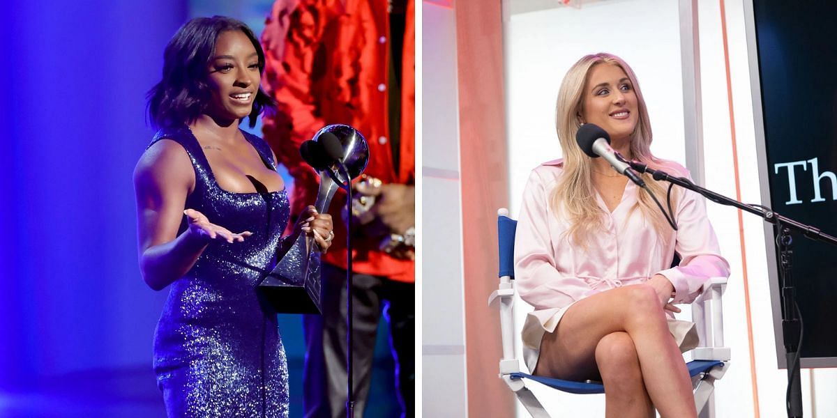 Simone Biles takes a dig at Riley Gaines at 2025 EPSY Awards. (Images by Getty)