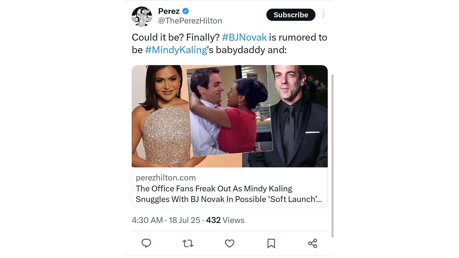 Perez Hilton&#039;s tweet about Mindy Kaling and BJ Novak (Image via X/@ThePerezHilton)