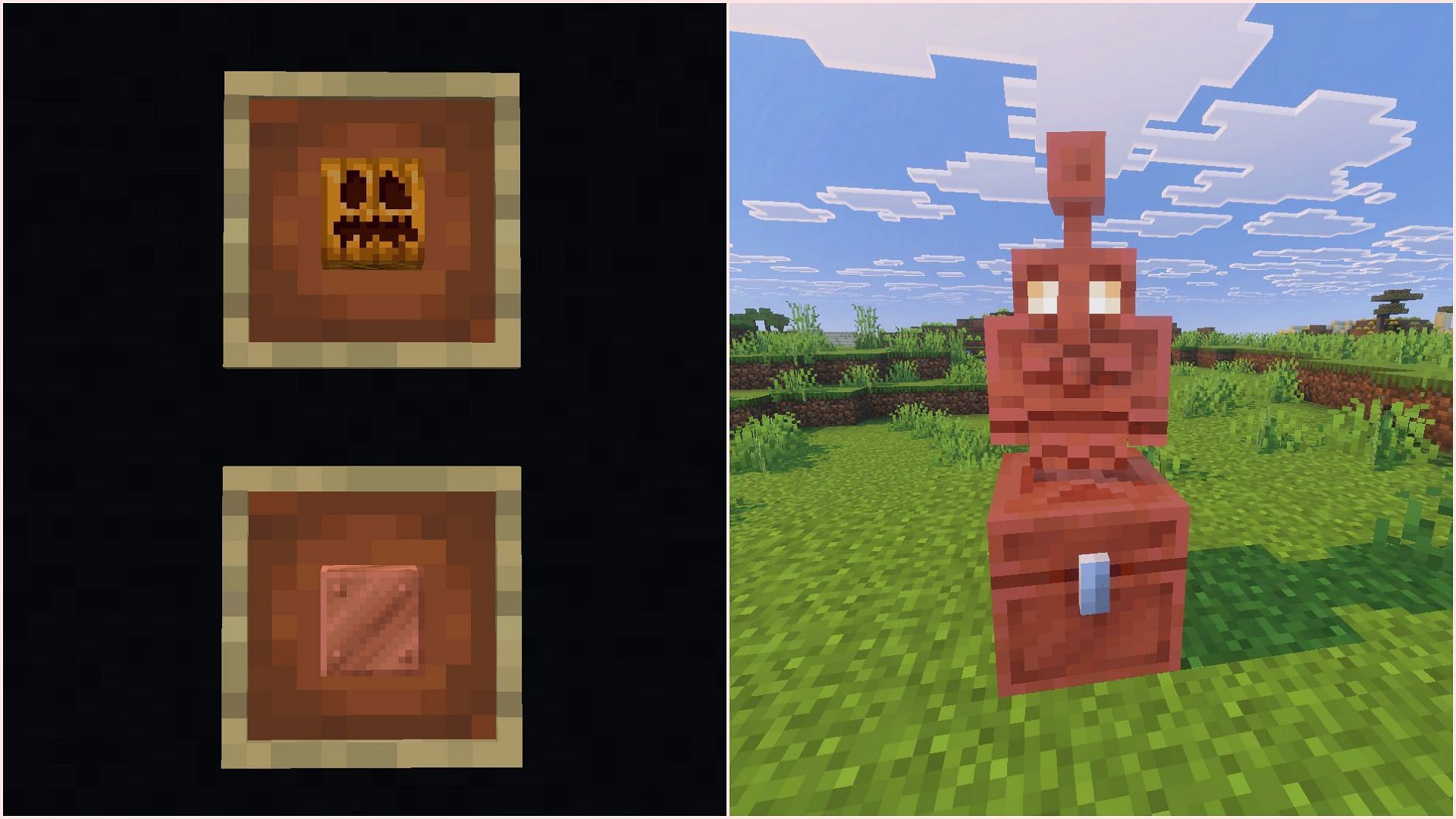Copper golem spawns when a carved pumpkin is placed over a copper block (Image via Sportskeeda Gaming || Mojang Studios)