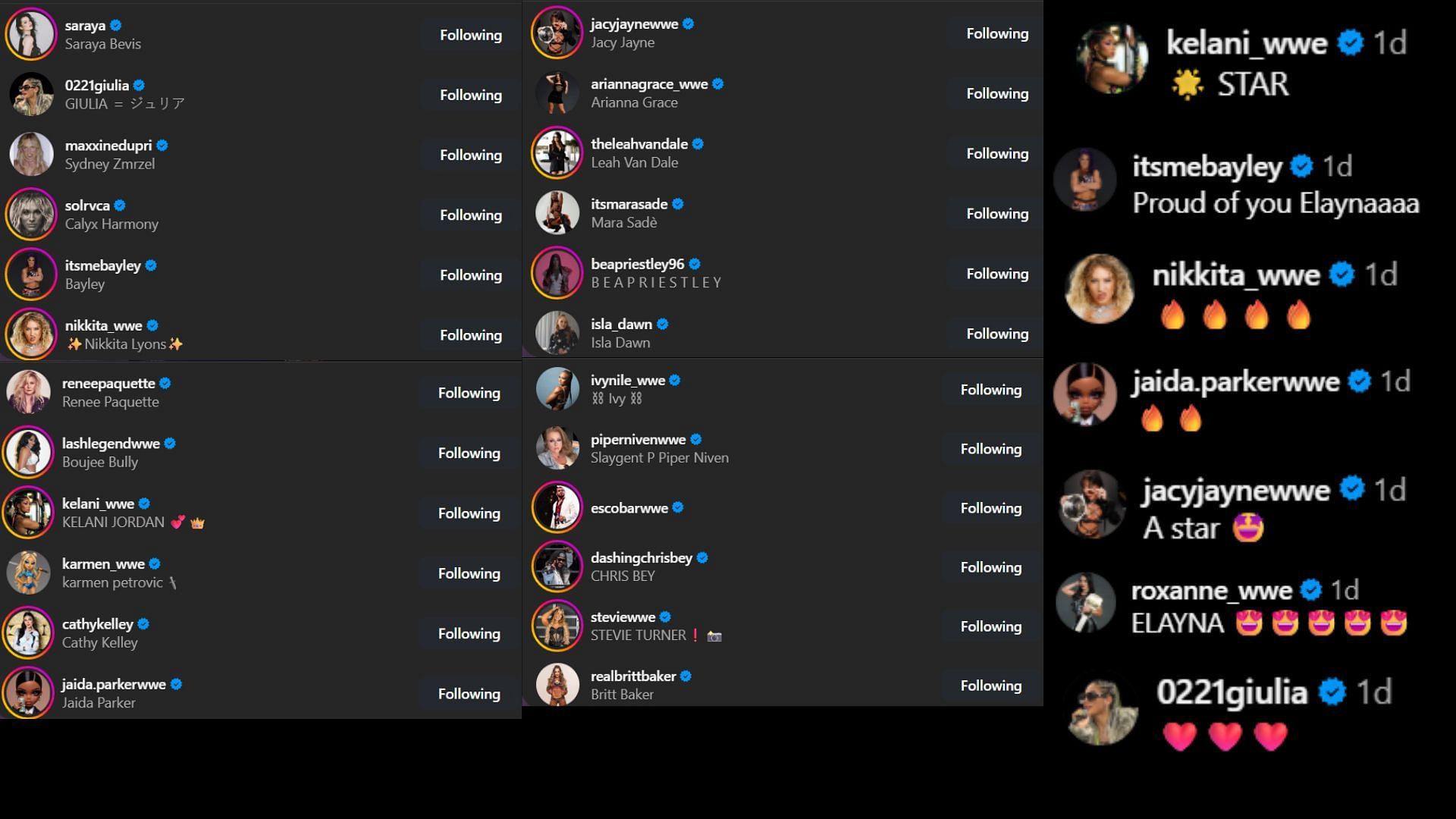 Screenshots of stars&#039; likes and comments [Image credit: Cora Jade&#039;s Instagram]