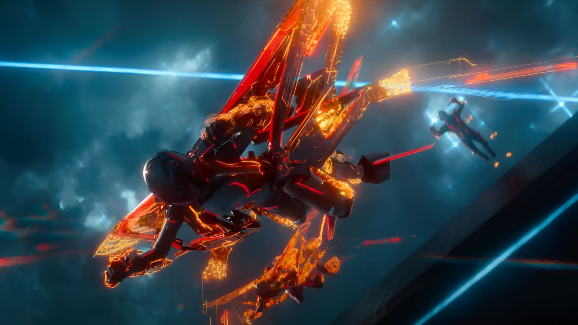 Ares navigates the skies in a digital dogfight during a high-stakes sequence from Tron: Ares (2025). (Image via Disney)  