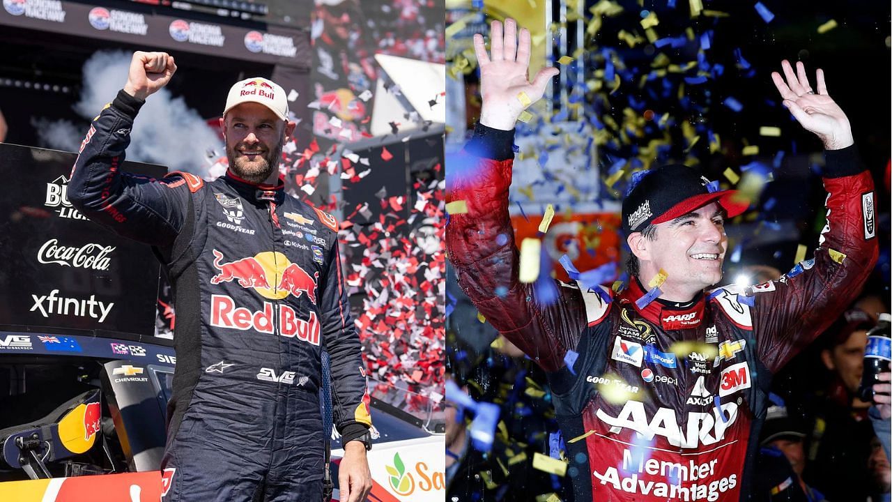 A side-by-side image of (Left) Jul 13, 2025; Sonoma, California, USA; NASCAR Cup Series driver Shane van Gisbergen (88) celebrates after inning the NASCAR Toyota / Save Mart 350 at Sonoma Raceway. Mandatory Credit: Stan Szeto-Imagn Images; Nov 1, 2015; Martinsville, VA, USA; Sprint Cup Series driver Jeff Gordon (24) celebrates winning the Goody