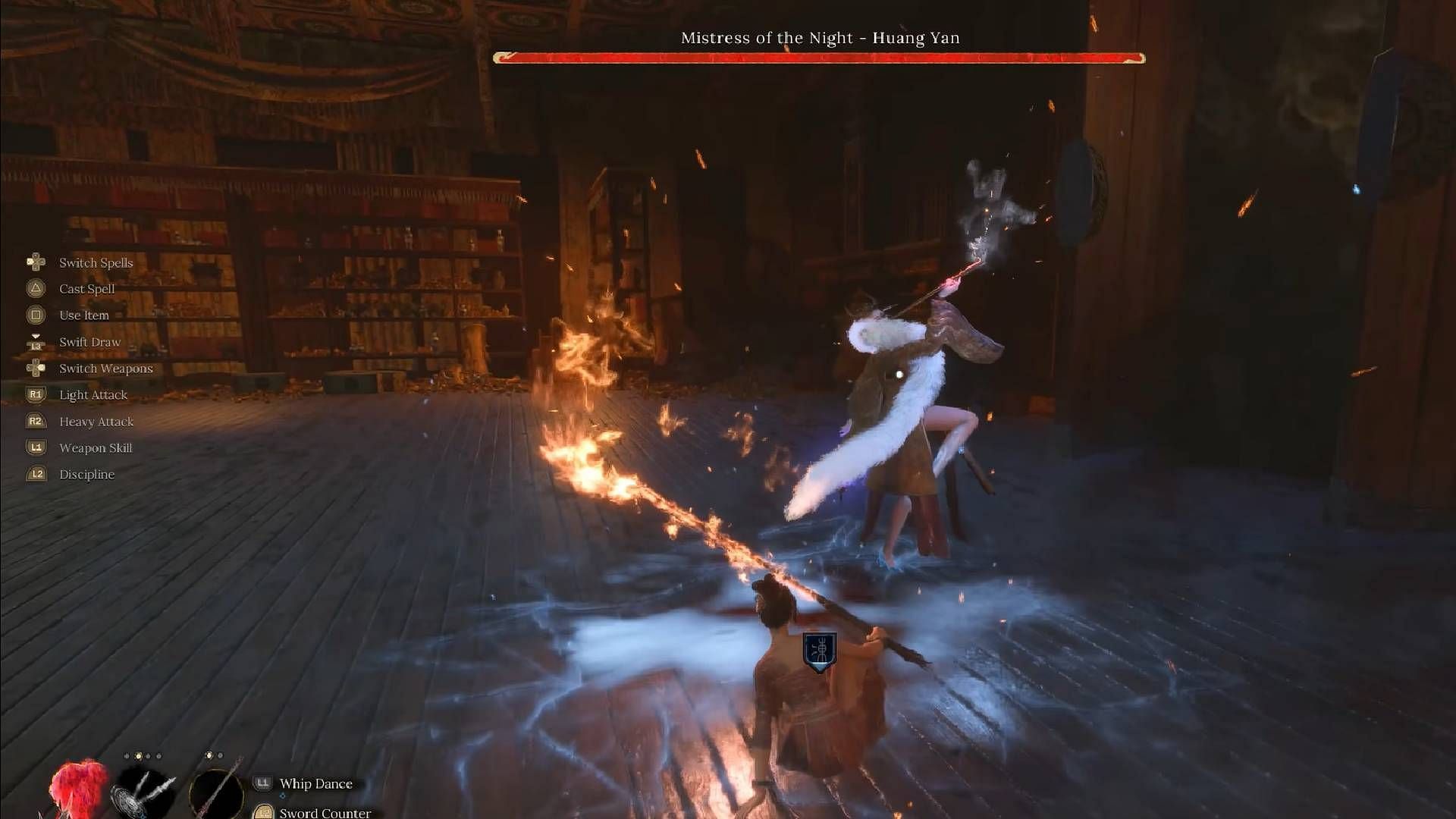 A fight scene against Mistress of the Night- Huang Yan in Wuchang: Fallen Feathers Cloudspire (Image via 505 Games || YouTube@Gamer&#039;s Little Playground)