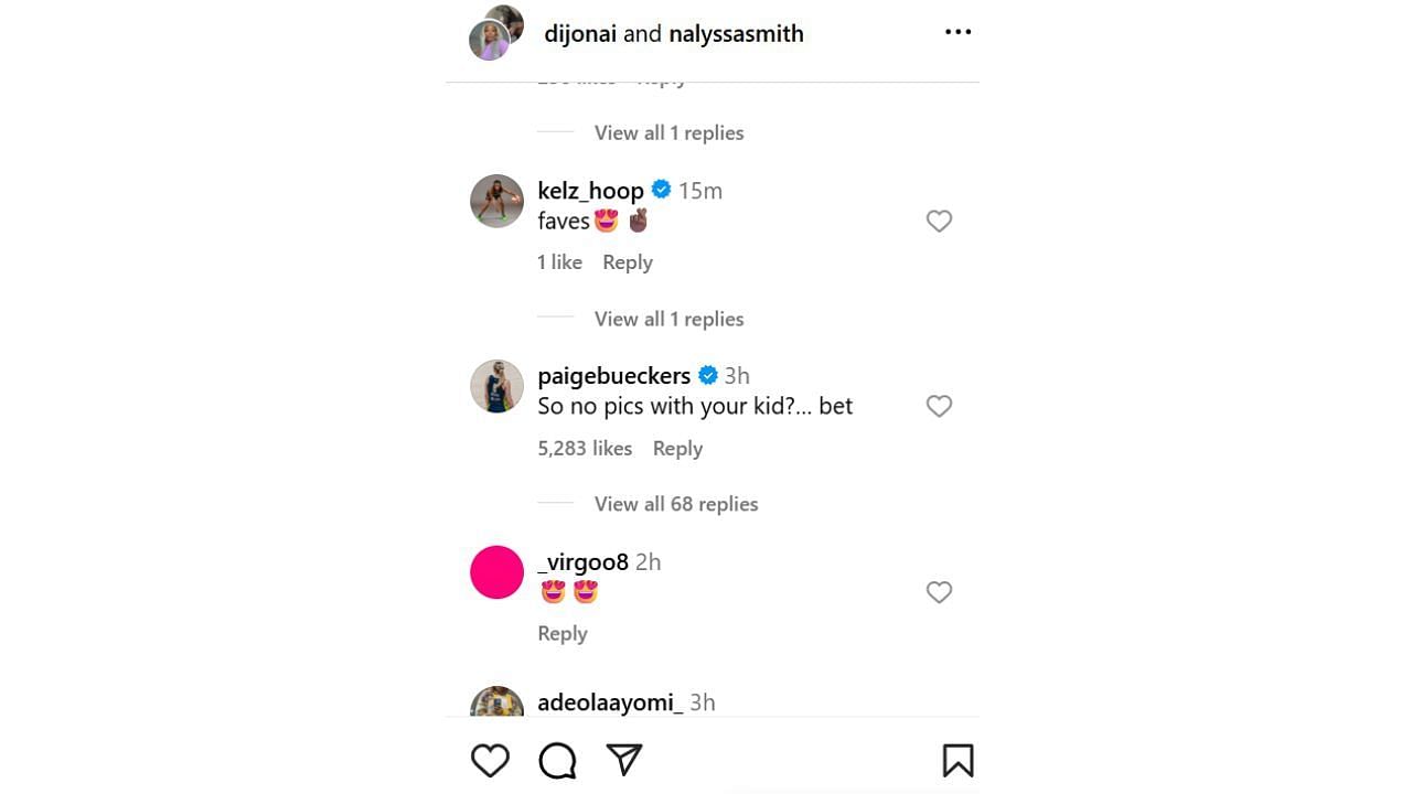 Paige Bueckers reacts to the latest Smith-Carrington couple photos on IG. [photo: @dijonai/IG]
