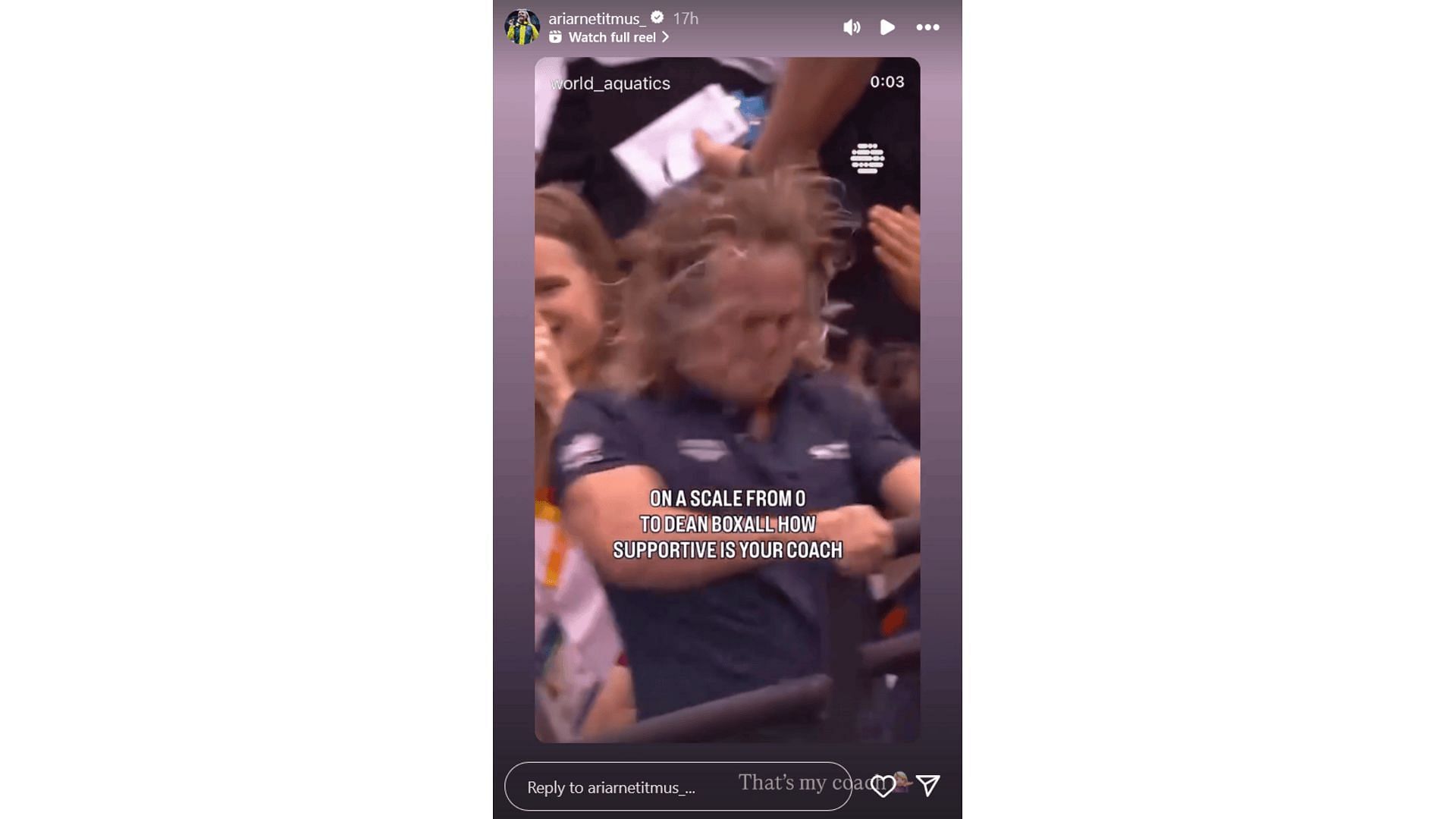 Titmus&#039; story feat Dean Boxall (Image via: @ariarnetitmus_)