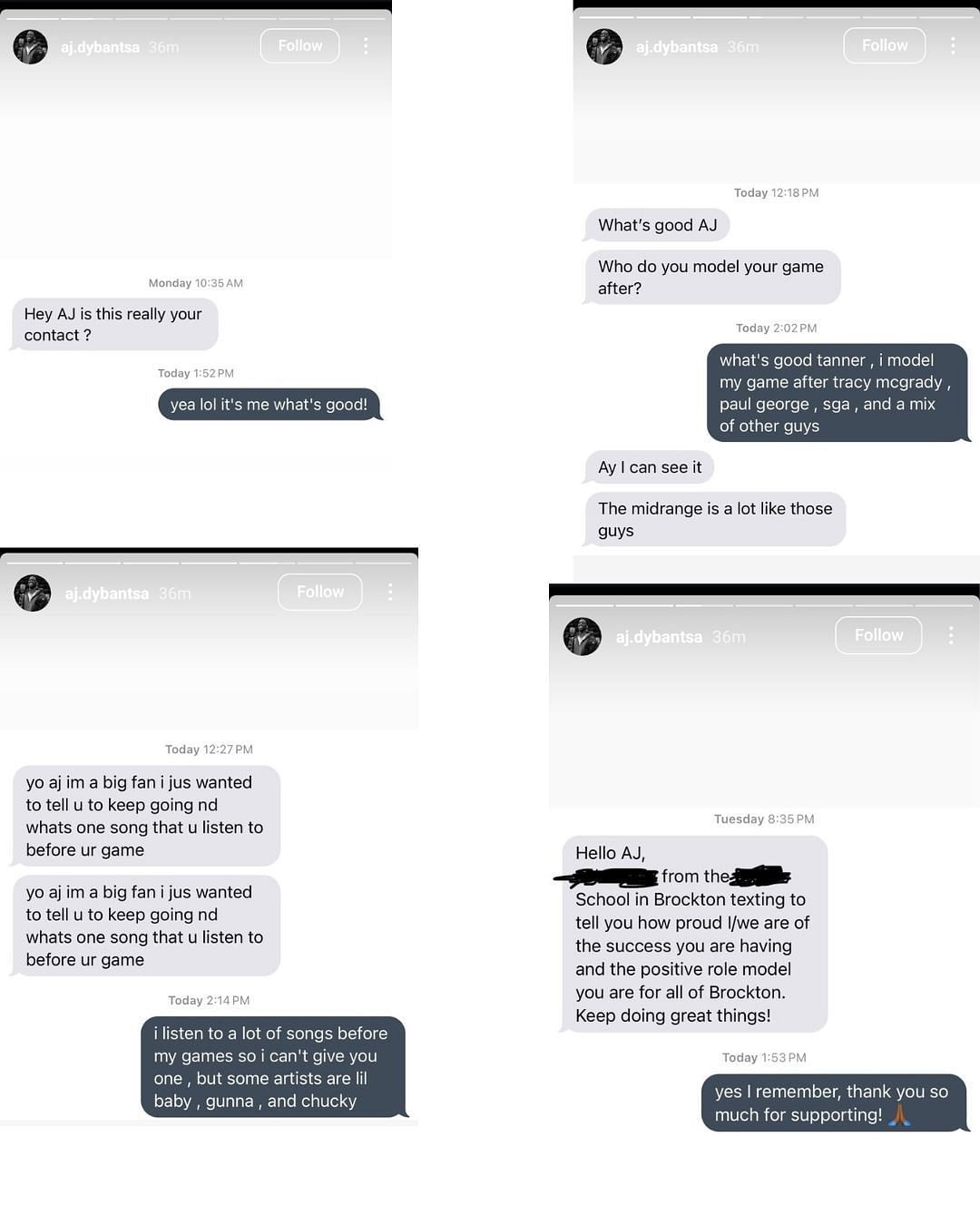 AJ Dybantsa shares responses to fans who texted him. (Images via Instagram @aj.dybantsa)