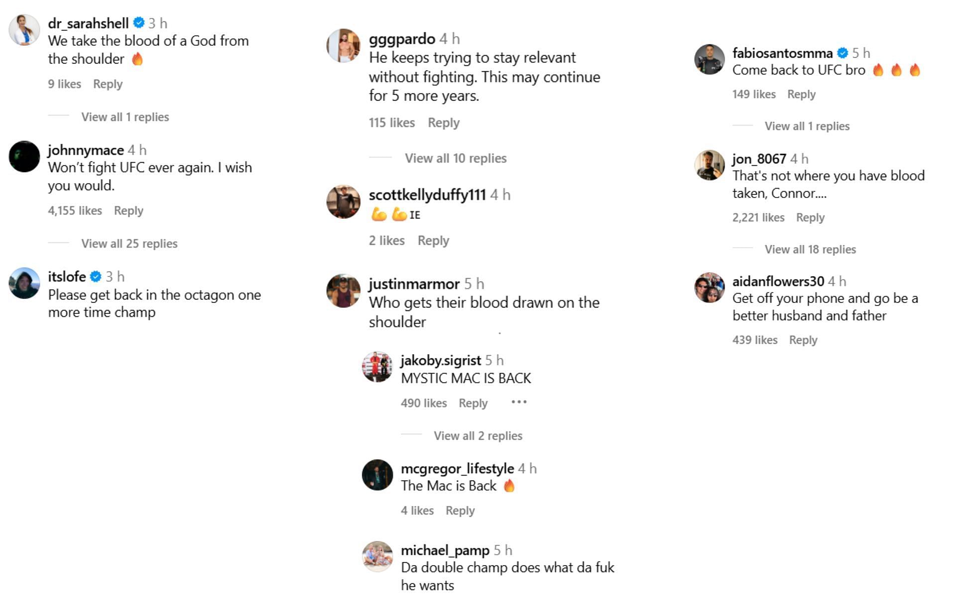 Fans react to Conor McGregor claiming he has been tested for potential UFC return. [Screenshots courtesy: @thenotoriousmma on Instagram]