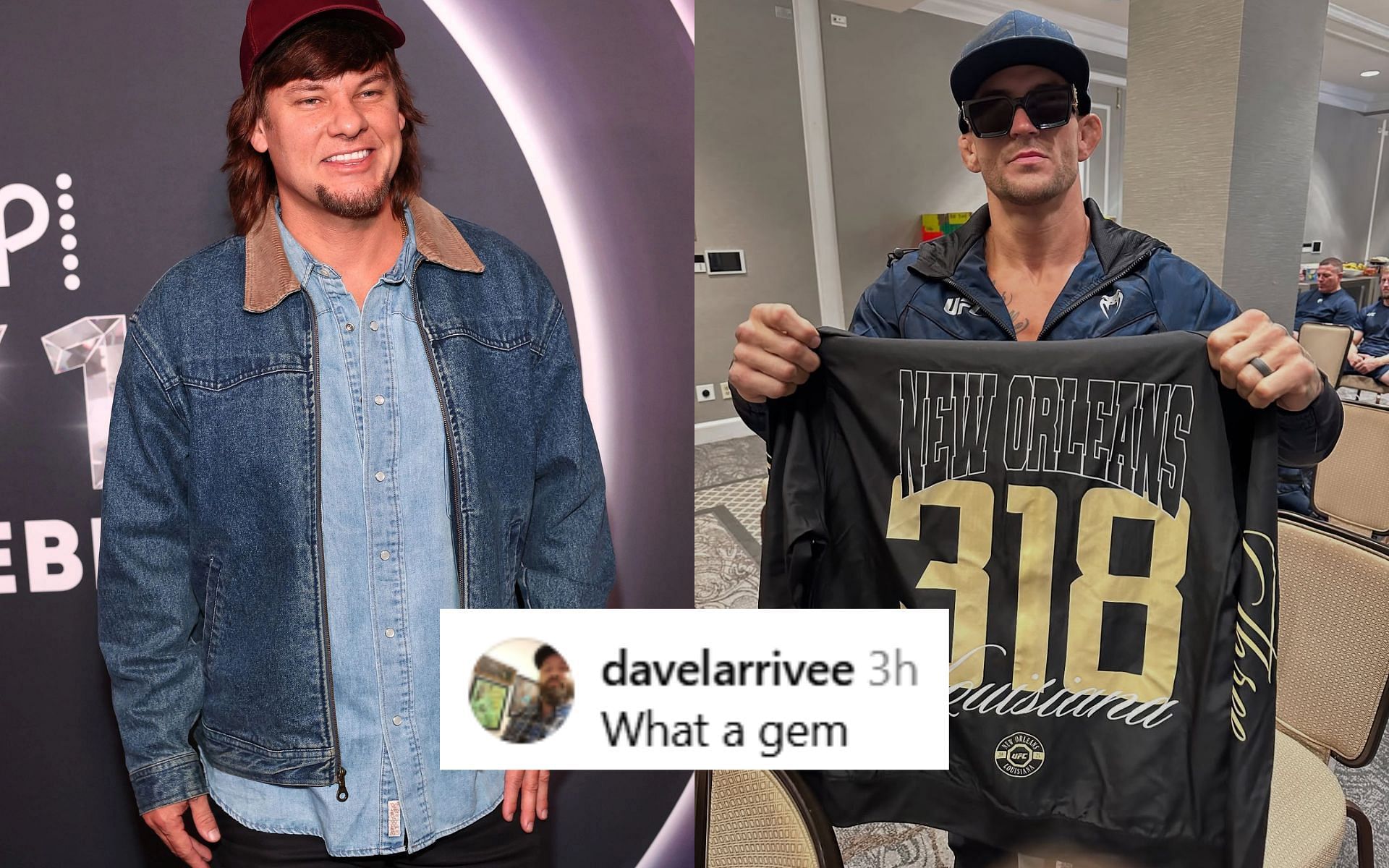 Fans react to Theo Von (left) wearing a Dustin Poirier (right) T-shirt. [Images courtesy: Getty and @ufcstore on Instagram]