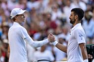 Jannik Sinner (left) and Novak Djokovic (right) after the conclusion of their men's singles semifinal at the 2025 Wimbledon Championships (Source: Getty)