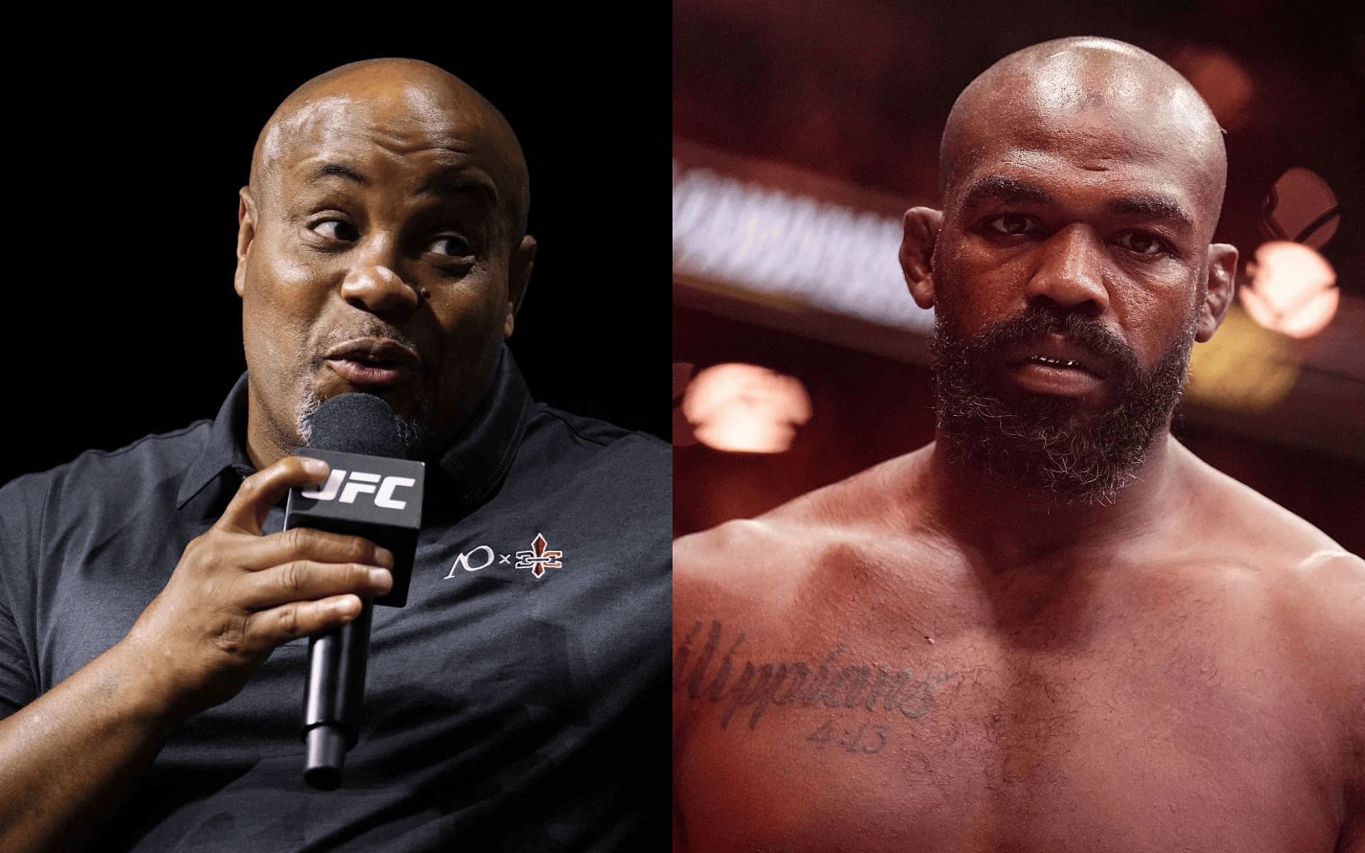 Daniel Cormier (left) gets questioned about Jon Jones