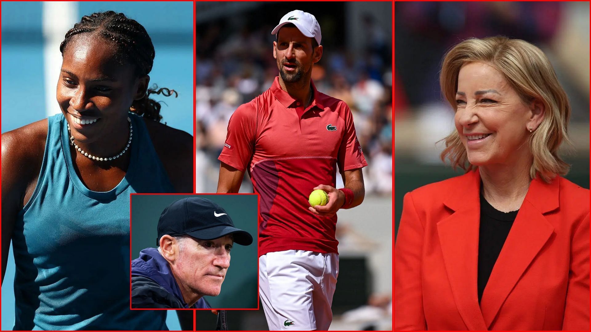 (L-R) Coco Gauff, Brad Gilbert (inset), Novak Djokovic, Chris Evert | Getty