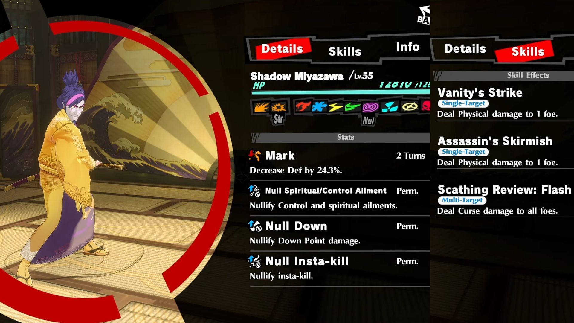 Shadow Miyazawa&#039;s details and skills (Image via SEGA)