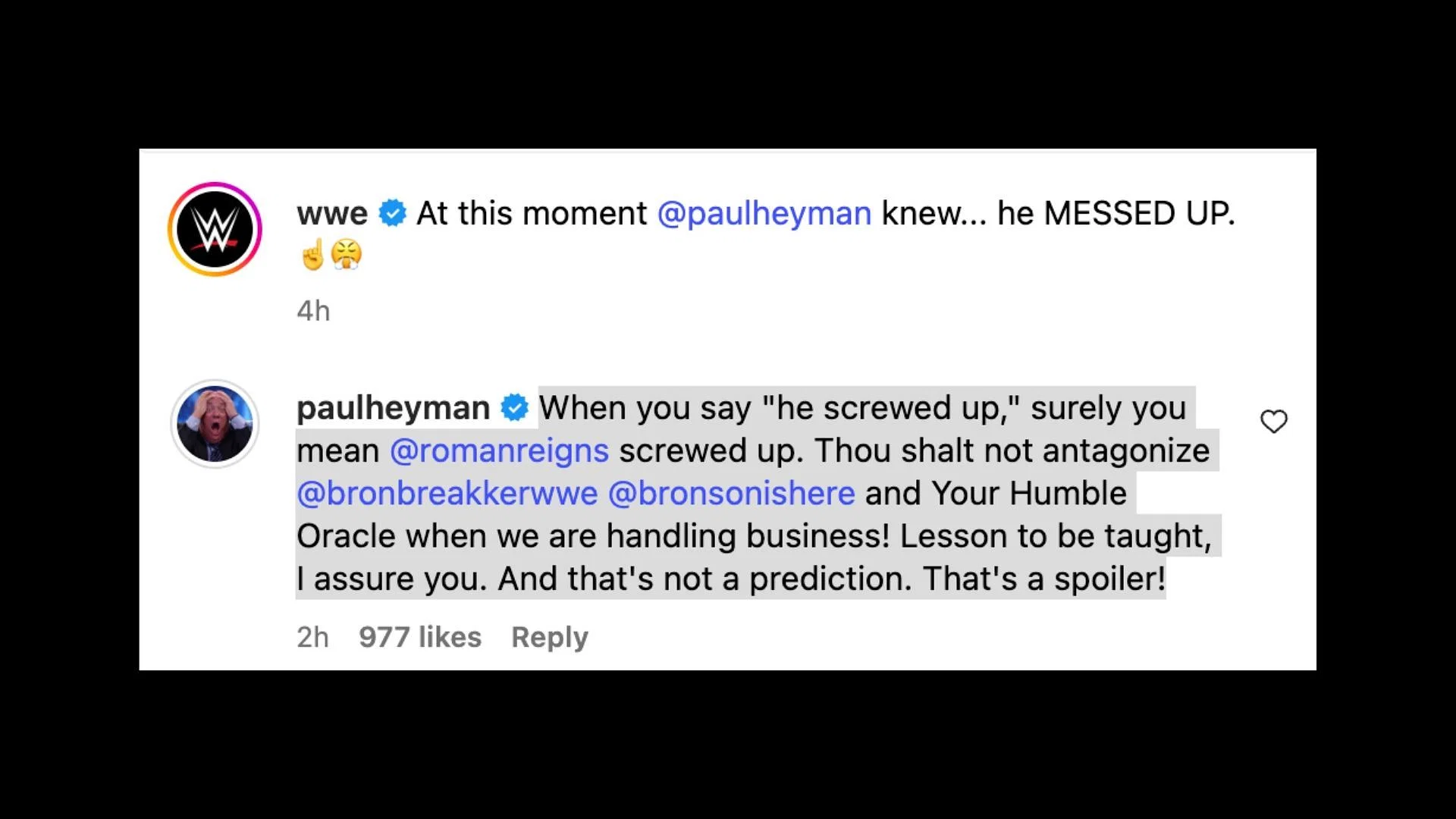 Heyman reacts to Reigns&#039; return [Image credit: WWE on Instagram]