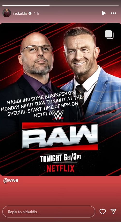 Nick Aldis shares a message ahead of RAW (Credits: GM's Instagram Story)