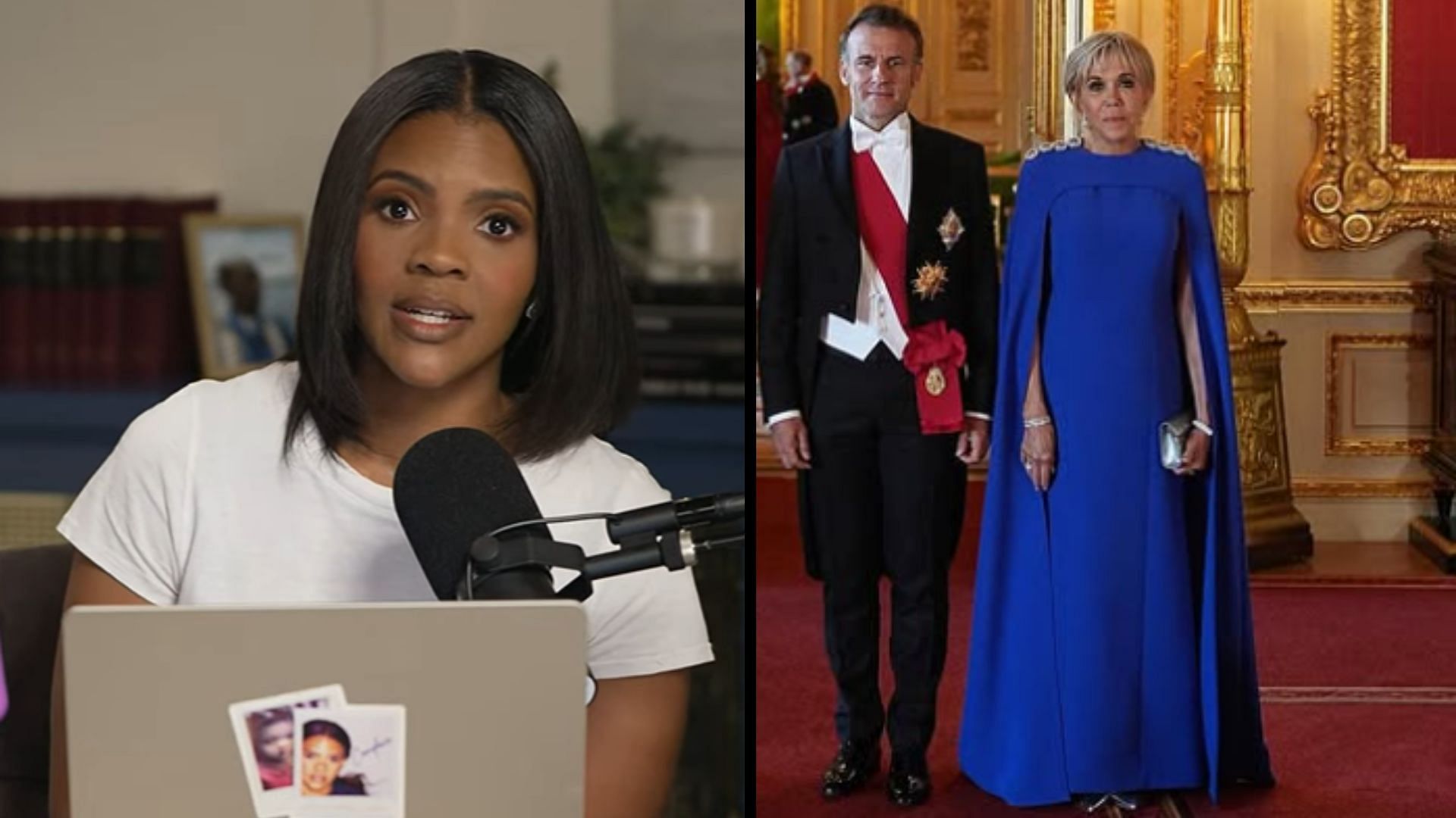 Candace Owens, French President Emmanuel Macron and his wife Brigitte Macron (Image via YouTube/Candace Owens, Instagram/@theroyalfamily)