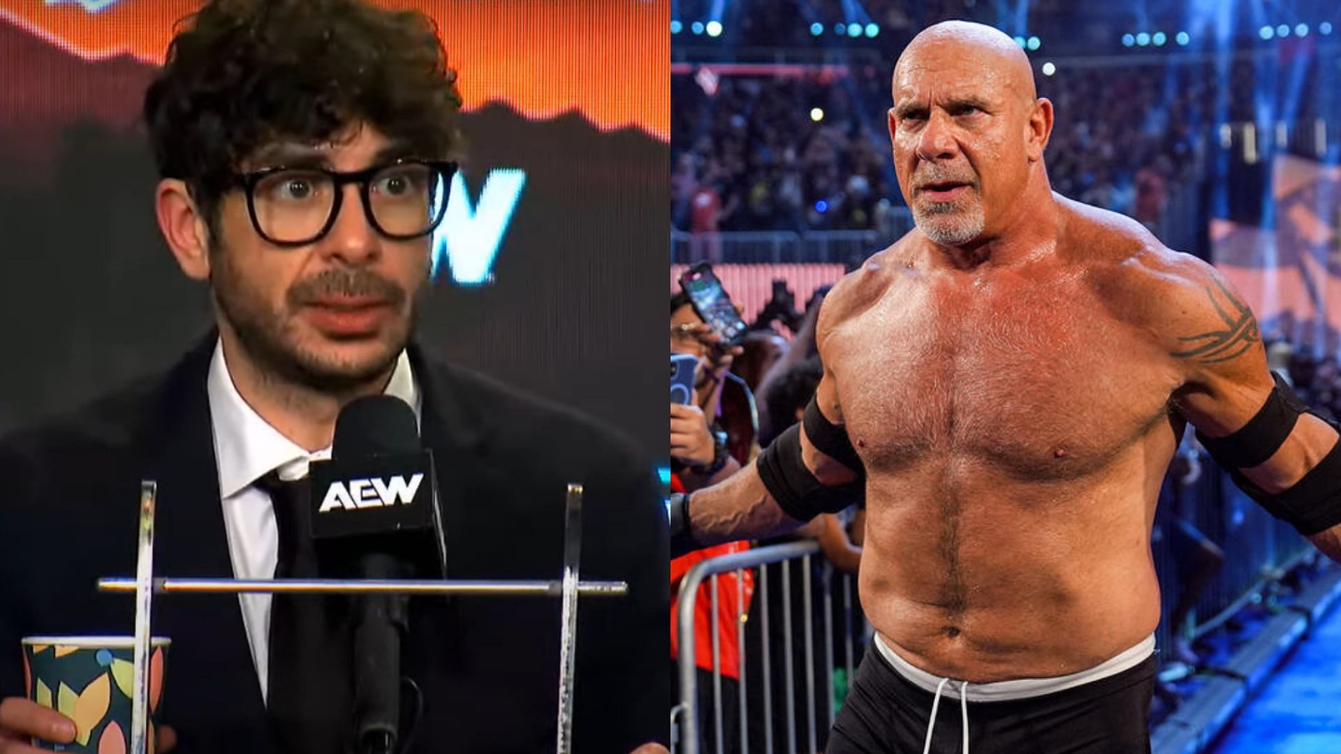 Tony Khan (left) and Goldberg (right). (Image credits: AEW YouTube channel &amp; wwe.com)