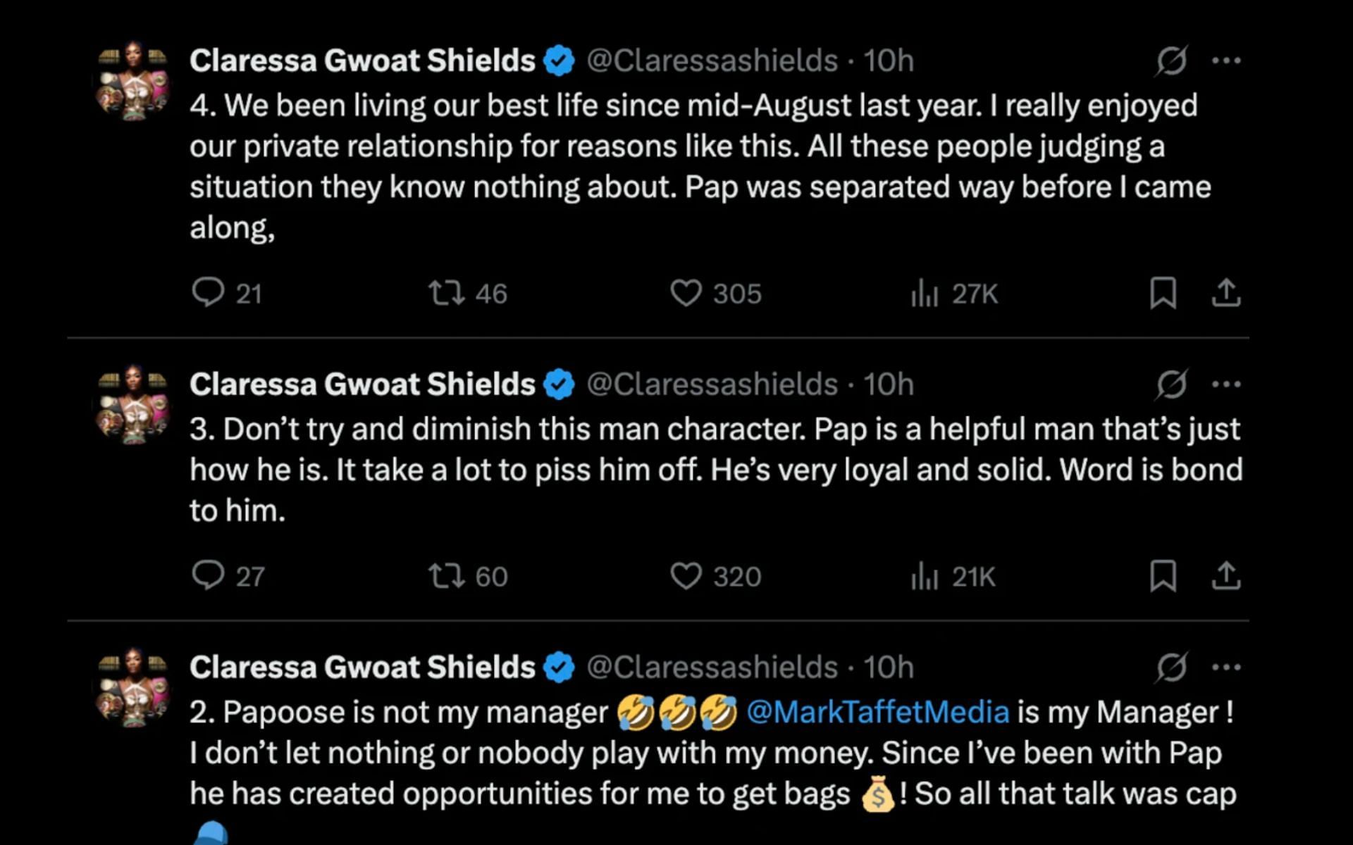 Claressa Shields clarifies rumors around her relationship with Papoose. [Screenshots courtesy: @Claressashields on X]]