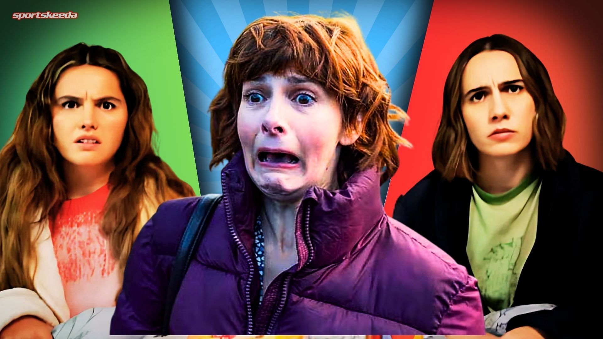 Stylized promotional image of Deb, Billie, and Josie showing dramatic expressions with colored backgrounds in Such Brave Girls.