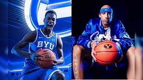AJ Dybantsa shares his reaction as he gets checked by teammate Xavion Staton during BYU practice session