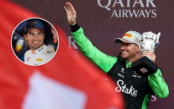 Sergio Perez leaves a message for Nico Hulkenberg as the German secures his first F1 podium