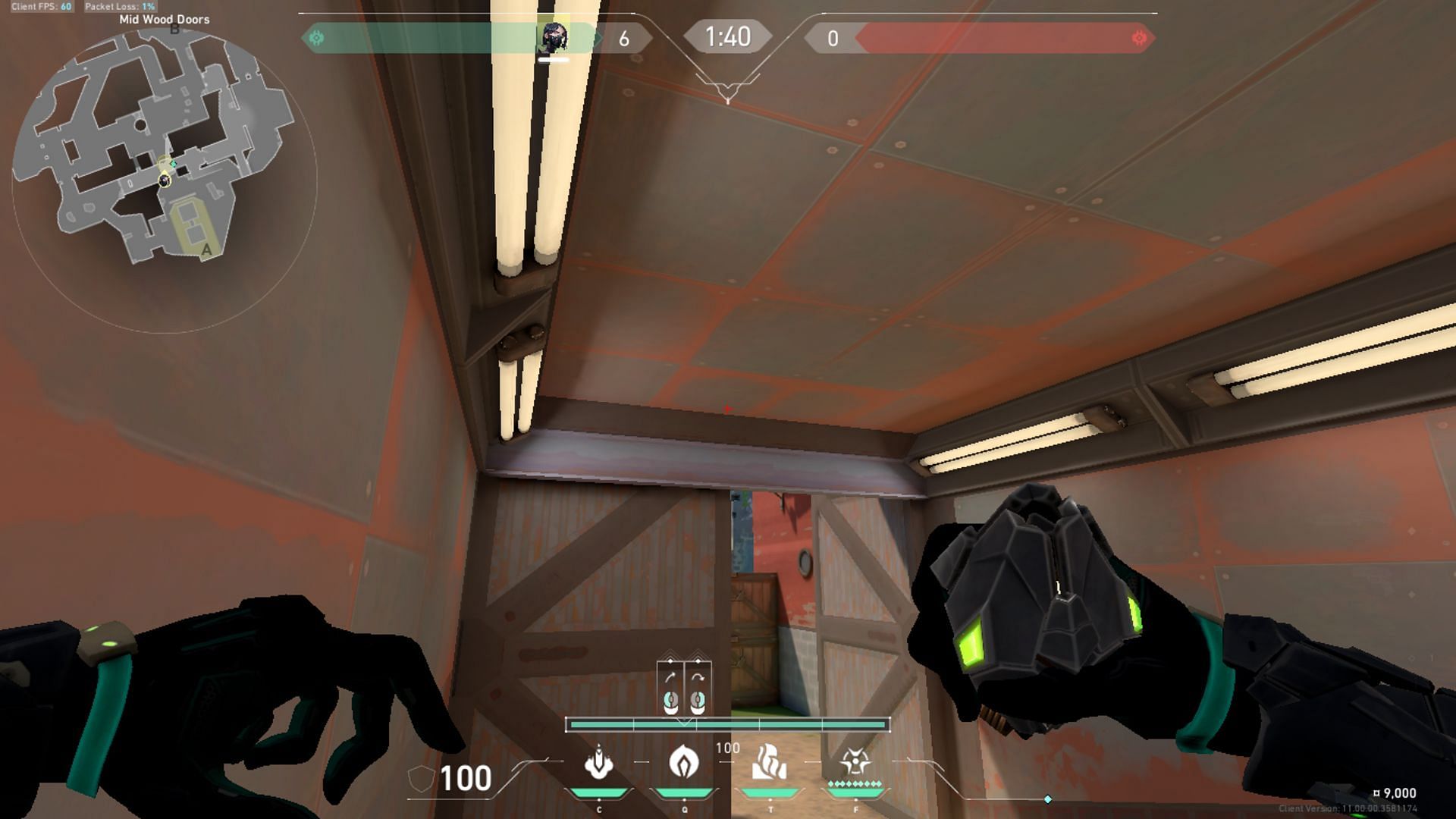 Line up the HUD line to the fifth line on the wall as indicated by the ping (Image via Riot Games)