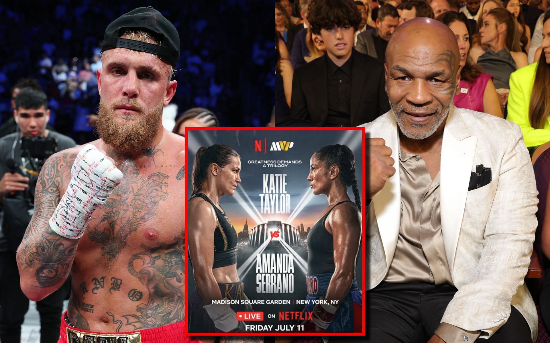 Jake Paul (left) and Mike Tyson (right) bet on the Katie Taylor vs. Amanda Serrano (middle) trilogy fight. [Image courtesy: Getty Images, @mostvaluablepromotions on Instagram]
